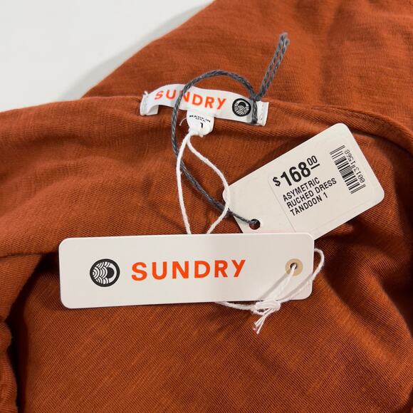 Sundry S Revolve Asymmetrical Ruched One Shoulder Mini Dress Tandoori - Picture 4 of 9